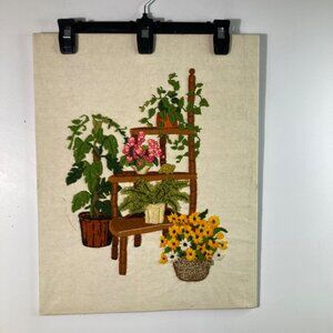 1977 Sunset Designs Crewel Embroidery Flowers Plant Stand 16 x 20 Finished Piece